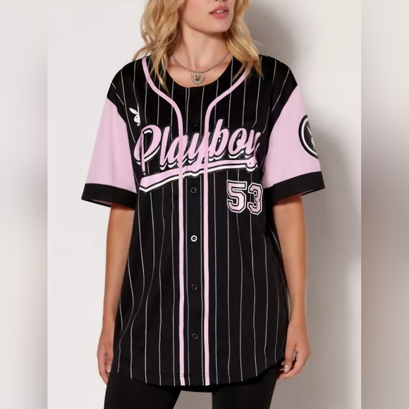 PLAYBOY Tops - PLAYBOY Black and Pink Pinstripe Baseball Jersey